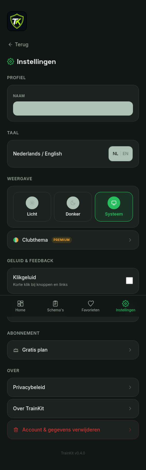 TrainKit instellingen met taal en thema