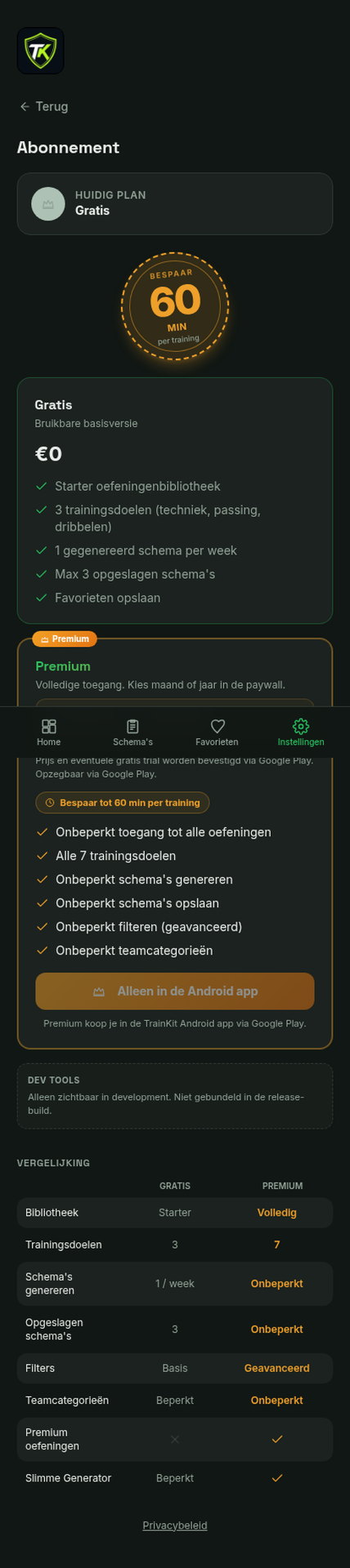 TrainKit abonnement-pagina met vergelijking tussen Gratis en Premium