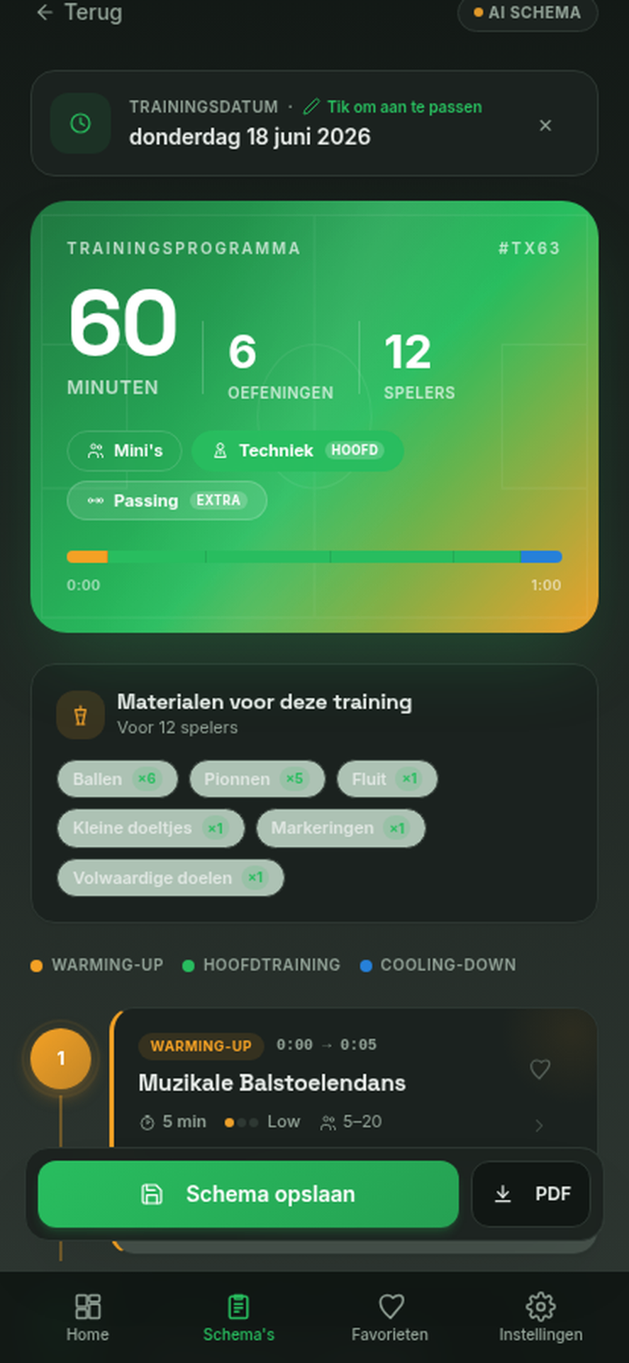 TrainKit trainingsschema van 60 minuten met materialenlijst en oefeningen