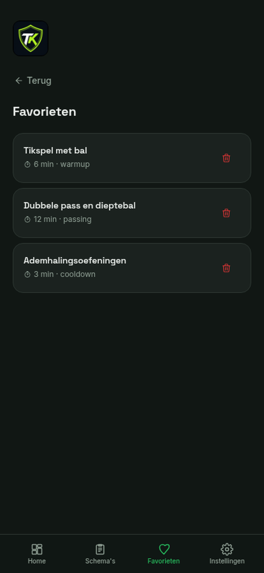 TrainKit favorieten — opgeslagen oefeningen
