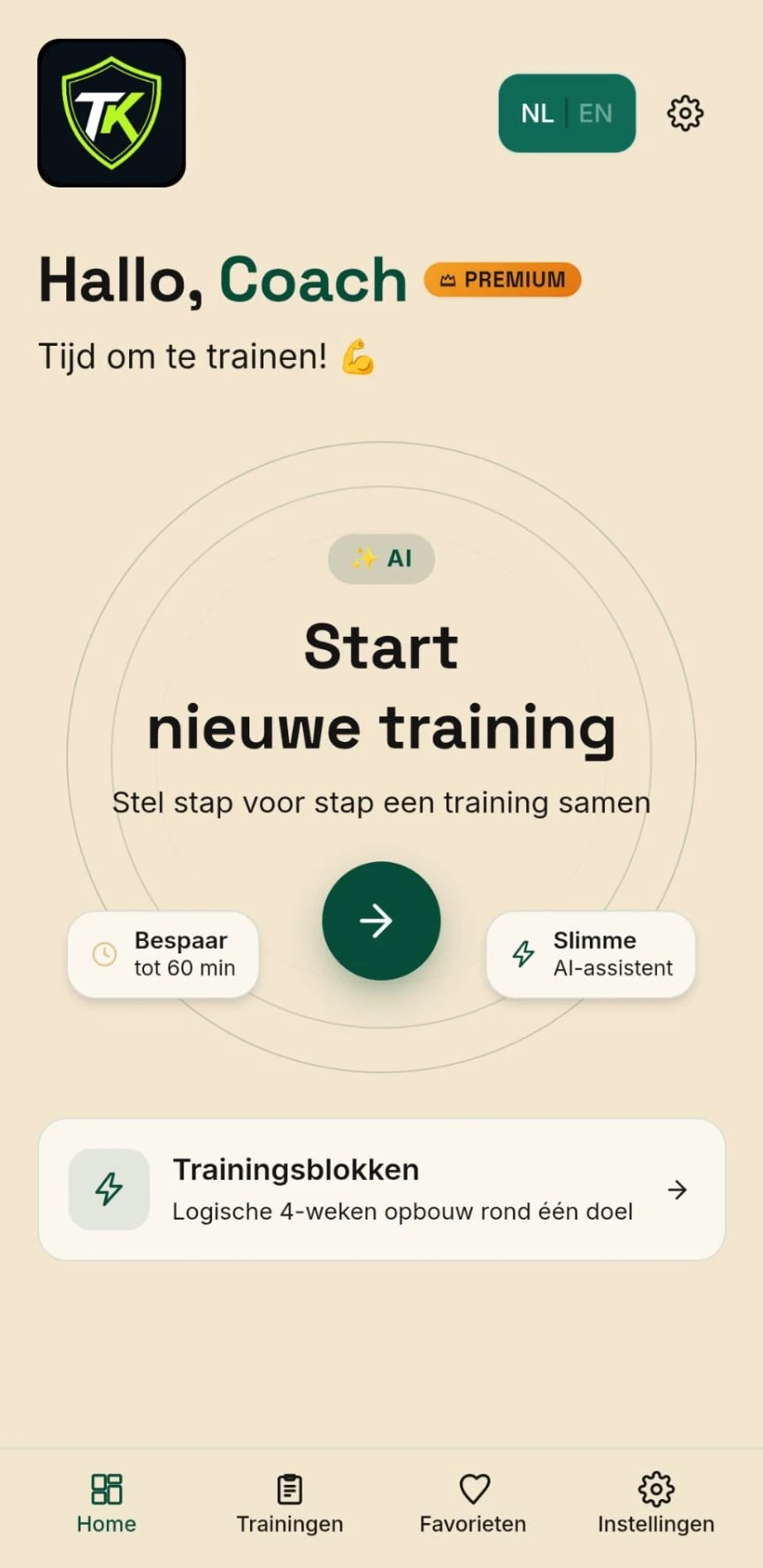TrainKit dashboard met de knop Start nieuwe training en trainingsblokken