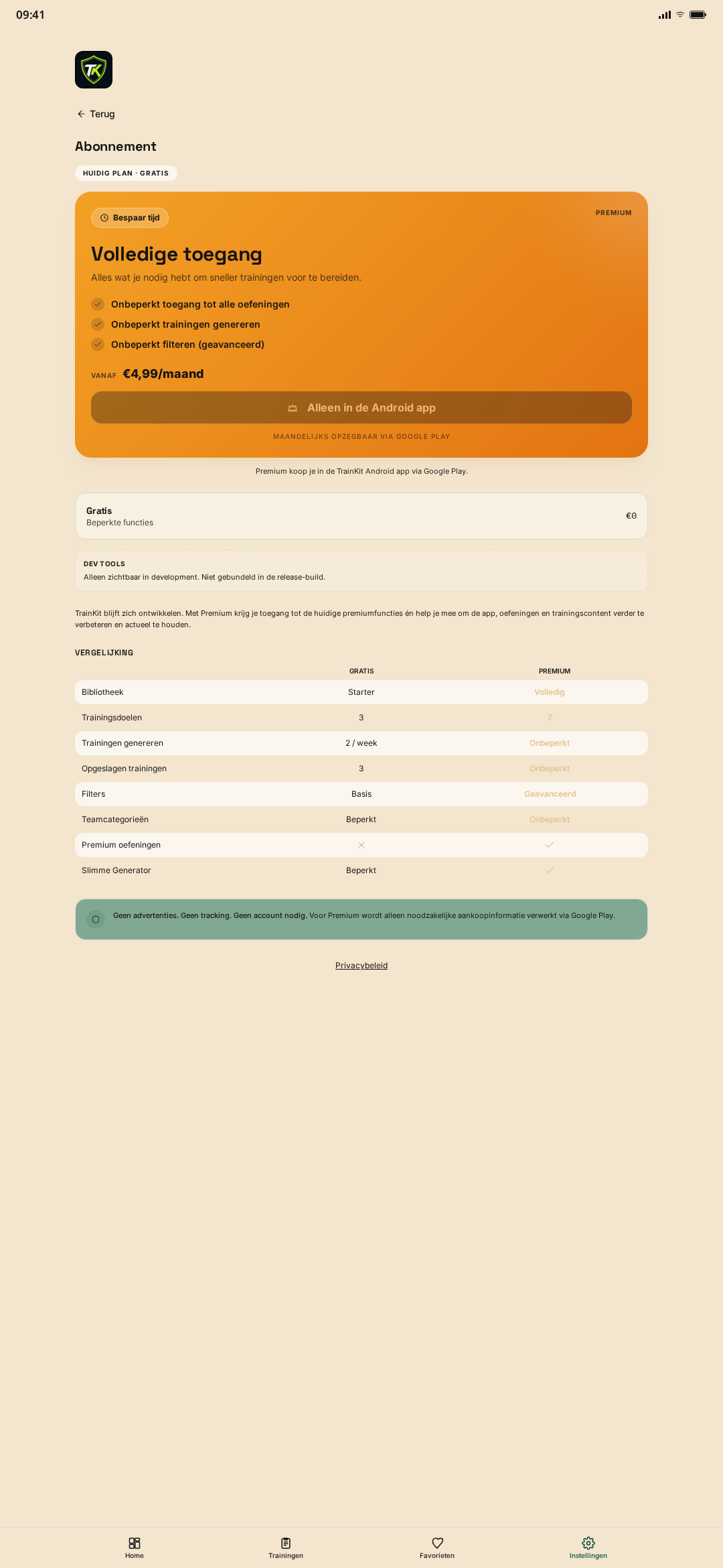 TrainKit Premium-abonnementsscherm
